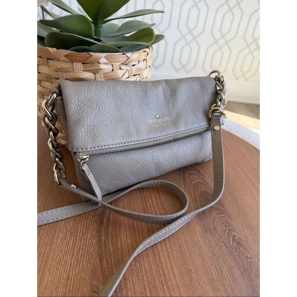 Kate Spade genuine leather taupe foldover crossbody shoulder purse bag neutral